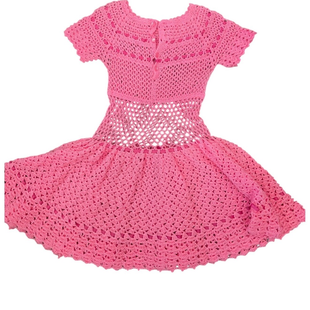 Handmade Pink Crochet Dress Kids Ribbon Accent Open Weave Vintage Style‎
